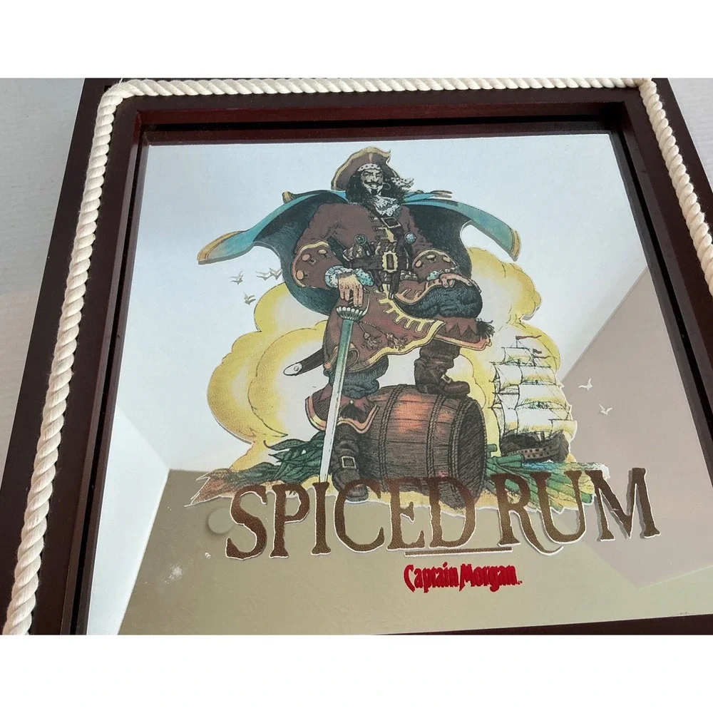 Captain Morgan Spiced Rum Bar Mirror Nautical Rope Frame 13x13 Tavern Decor